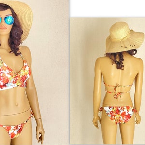 Orange Bikini Set,Floral wrap around bikini top and scrunch but cheeky tie side bottoms,Plus size clothing,Swimwear,Swimsuits,Bathing suits