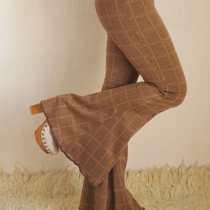 Brown plaid womens bell bottoms,Flare,Lggings,Plus size,Yoga,Boho,Retro,High waist image 2