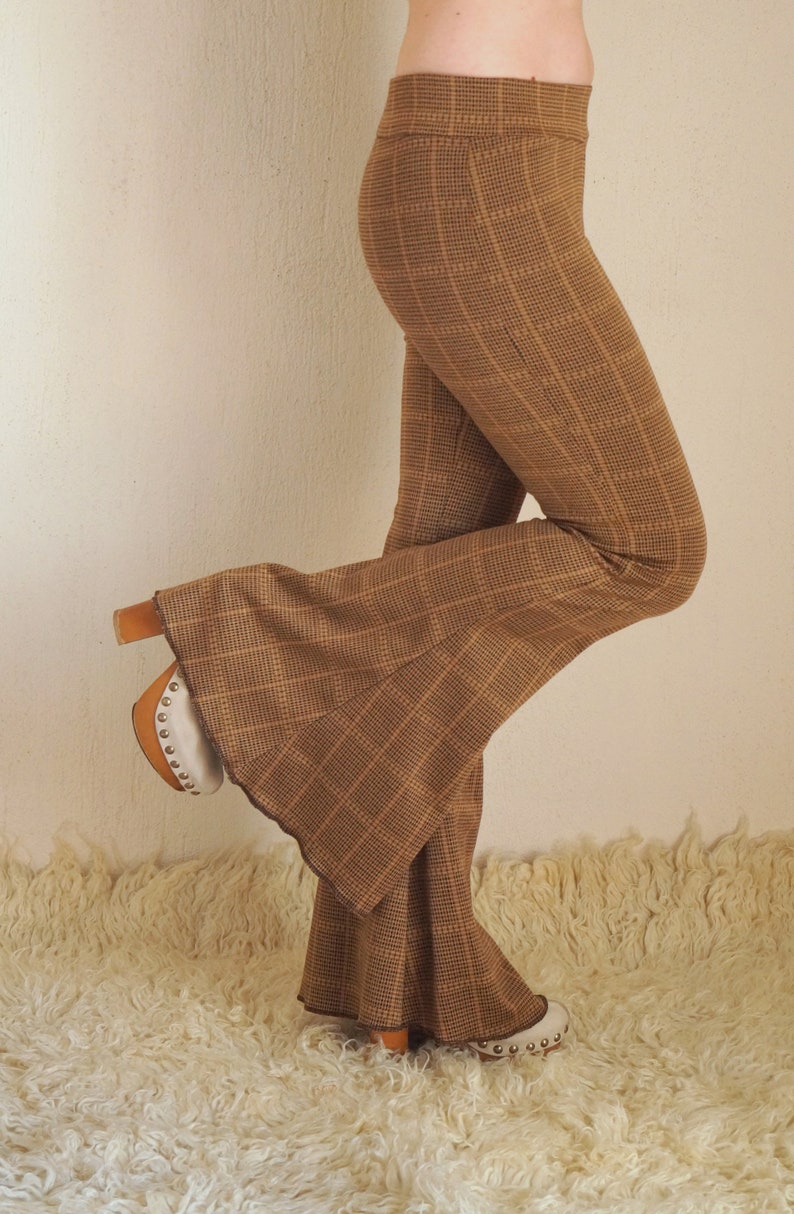 Brown plaid womens bell bottoms,Flare,Lggings,Plus size,Yoga,Boho,Retro,High waist image 2