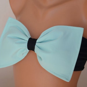 Mint green black padded bow bandeau bikini top,Swimwear women,Swimsuits plus size,Bathing suits,70s Clothing,Beachwear