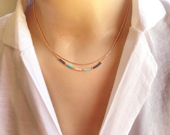 Rose Gold Beaded Layering Necklace,Tiny Delicate Dainty Necklace,Minimalist Bohemian Necklace,Tiny Double Multicolor Necklace