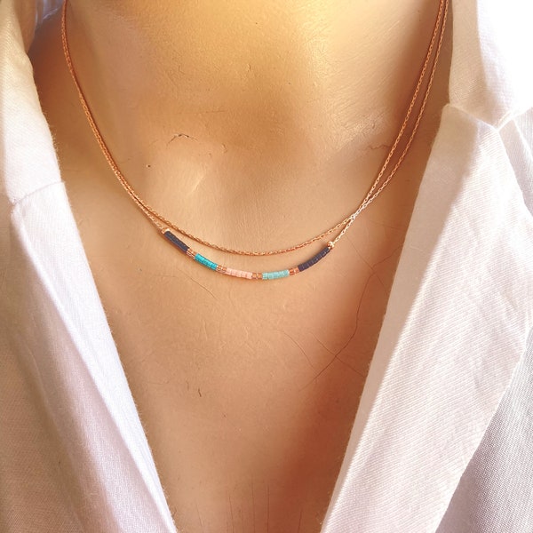 Rose Gold Beaded Layering Necklace,Tiny Delicate Dainty Necklace,Minimalist Bohemian Necklace,Tiny Double Multicolor Necklace