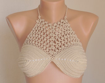 Crochet crochet haut/Beige col haut de bikini bikini top/maillots de bain femme/Maillots de bain/Halter top/Festival hauts/maillots de bain/soutien-gorge d’été