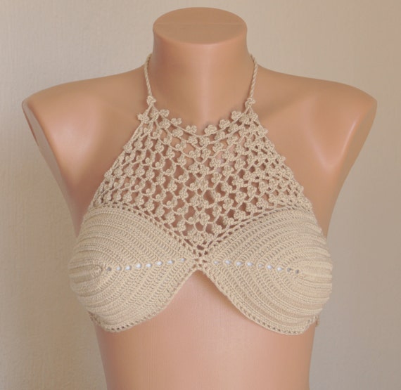 Crochet Bikini Top beige High Neck Crochet Bikini Top swimwear Women swimsuits halter Top festival Tops bathing Suits summer Bra Etsy Canada
