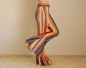 Orange boho stripe bell bottoms women,Flare,Boho,Women leggings,70's,Festival,Plus size,High waisted,Fall trend,Fall outfit,Back to school