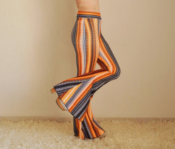 Orange Boho Stripe Bell Bottoms Women,flare,boho,women Leggings