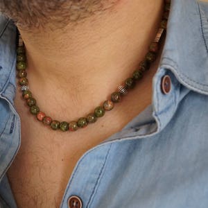 Mens beaded necklace/Mens unakite green necklace/Jewelry for men/Healing jewelry/Chakra stones/Valentines day/Birthday/Fathers day gifts
