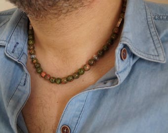 Mens beaded necklace/Mens unakite green necklace/Jewelry for men/Healing jewelry/Chakra stones/Valentines day/Birthday/Fathers day gifts