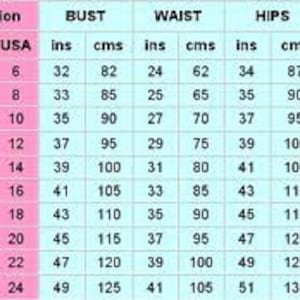 May include: A size chart with measurements in inches and centimeters for bust, waist, and hips. Sizes range from UK 8 to 26, Eur 36 to 54, and USA 6 to 24, with corresponding measurements and dual sizing labels.