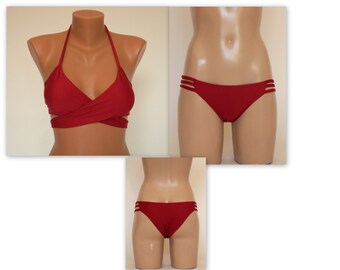 Red wrap bikini top cheeky strappy bottoms//Bathing suit//Bikini set//Plus size//Swimwear//Swimsuit