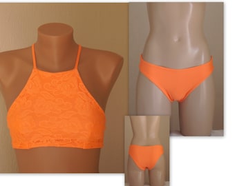 Häkeln Spitze Bikini/Neon orange häkeln Spitze hohen Hals Neckholder oben und Böden/Swimwear Frauen/Swimsuits plus Größe/Baden Anzüge/Bikini-Set