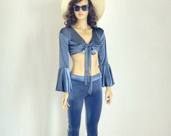 70s Party Clothing,Velvet wrap bell sleeves top and Bell bottoms,Plus size clothing,Flare pant,Boho Festival Costume