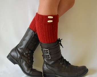 Red Cable Knit Boho Buttoned Stylish Winter Leg Warmers Women-Christmas Gift-Birthday Gift-Holiday Gift-Trendy Socks-Winter Fashion