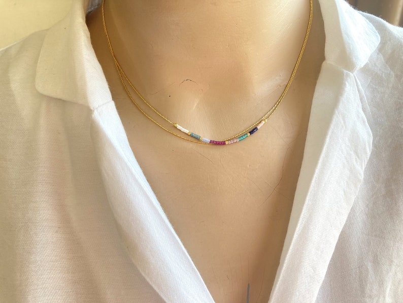 Minimalist Gold Double Necklace,Tiny Delicate Dainty Necklace,Minimal Boho Necklace,Colorful Tiny Layered Necklace,Thin Beaded Necklace image 5