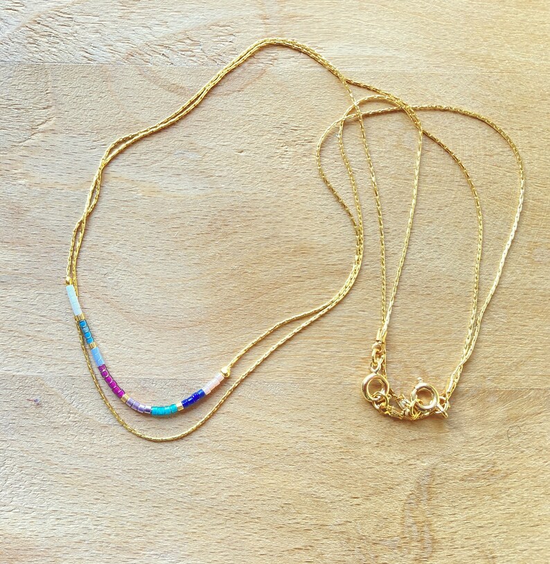 Minimalist Gold Double Necklace,Tiny Delicate Dainty Necklace,Minimal Boho Necklace,Colorful Tiny Layered Necklace,Thin Beaded Necklace image 4
