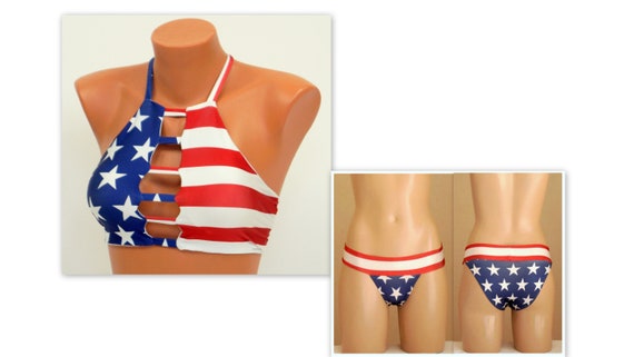 American Flag High Neck Halter Bikini Top Full Coverage Bottoms plus Size swimsuit swimwear 4th July patriotic Etsy