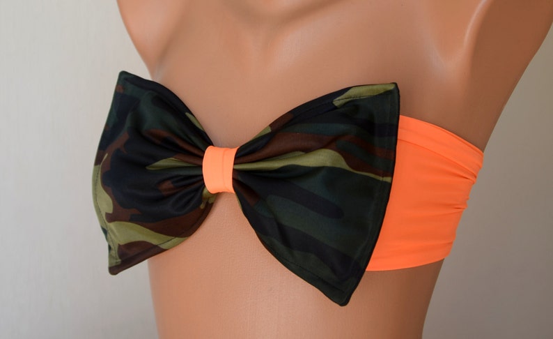 Camo neon orange bow bandeau bikini top,Plus size,Swimwear,Swimsuits,Bathing suits,Sexy image 1