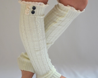 Ivory Cozy Stretchy Cable Knit Button Leg Warmers for Women-Birthday Gift-Christmas Gift-Stylish Leg Warmers-Fit For 12" TO 16" CALVES