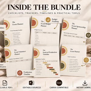 Può includere: Un pacchetto digitale per la pianificazione di eventi composto da sei agende bianche con accenti circolari arancioni e verdi. Include liste di controllo, budget, tracker per sponsor, volontari e cronoprogrammi di produzione in PDF.