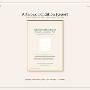 May include: A digital download of an Artwork Condition Report and Loan Documentation Pack. The document features the title, a central line-art icon of a framed piece, and text including Record the work before it leaves your hands.
