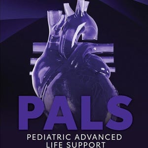 以下が含まれることがあります： PALS PEDIATRIC ADVANCED LIFE SUPPORT PROVIDER MANUALというタイトルの濃い紫色のマニュアルの表紙。半透明の紫色の解剖学的な心臓のイラストと、アメリカ心臓協会およびアメリカ小児科学会のロゴが描かれています。