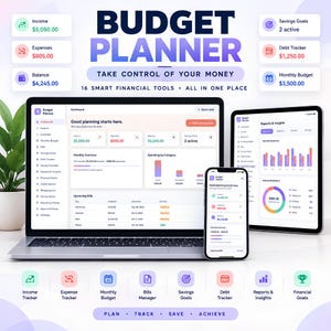 Może przedstawiać: Cyfrowy planer budżetu wyświetlany na laptopie, tablecie i smartfonie. Ekrany pokazują pulpity finansowe z wykresami, dochodami, wydatkami i saldami. Tekst zawiera BUDGET PLANNER, TAKE CONTROL OF YOUR MONEY oraz 16 SMART FINANCIAL TOOLS.