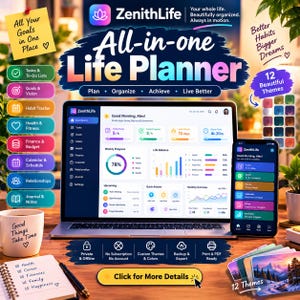May include: A digital ZenithLife All-in-one Life Planner displayed on a laptop and smartphone screen. The interface features dashboards for tasks, goals, habits, health, finance, and schedules. Includes text overlays like All Your Goals in One Place and 12 Beautiful Themes.