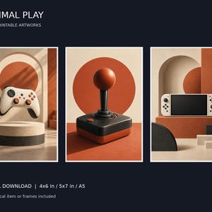 May include: Three printable artworks titled MINIMAL PLAY featuring gaming hardware. The first shows a cream and black game controller, the second a black and orange joystick, and the third a handheld gaming console. Text includes DIGITAL DOWNLOAD 4x6 in / 5x7 in / A5.