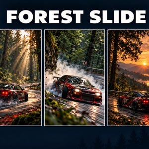 Könnte beinhalten: Ein Triptychon mit dem Text FOREST SLIDE am oberen Rand. Die Bilder zeigen einen roten Sportwagen, der auf einer kurvenreichen Waldstraße driftet, mit dichtem weißem Reifennebel, hohen Kiefern und einem Sonnenuntergang über den Bergen.