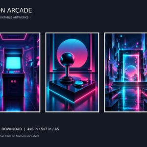 Puede incluir: Tres obras de arte digitales imprimibles tituladas NEON ARCADE con temas de juegos retro en colores neón rosa y azul vibrantes. El conjunto incluye una máquina arcade, un joystick y un portal brillante. Disponible como descarga digital.