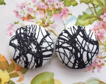 Abstract Earrings / Fabric Covered Button Earrings / Black and White / Small Gifts for Her / Wholesale Stock Available / Handmade in USA