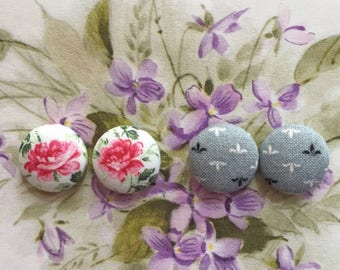 Fabric Button Earrings / Set of 2 / Bulk Jewelry / Pink and Gray / Gifts for Her / Wholesale Earrings / Handmade Accessories