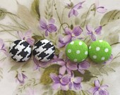 Fabric Button Earrings Set of 2 Wholesale Jewelry Houndstooth Small Gifts for Her Polka Dots Stud Earrings Vintage Inspired