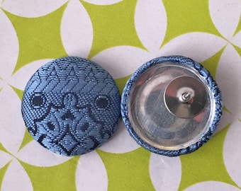 Fabric Covered Button Earrings / Blue / Small Gifts / Wholesale Jewelry / Handmade in USA / Stud Earrings / Stocking Stuffer / Bulk Discount
