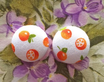 Wholesale Earrings / Fabric Covered Button Earrings / Post Earring / Orange Fruit Print / Birthday Earring/ Made in USA / Hypoallergenic