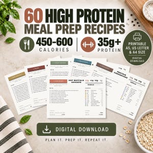 Può includere: Un download digitale che presenta 60 ricette per la preparazione di pasti ricchi di proteine con 450-600 calorie e 35g+ di proteine per porzione. Il documento stampabile include sezioni per colazione, manzo, vegetariano, frutti di mare, pollo e dessert.