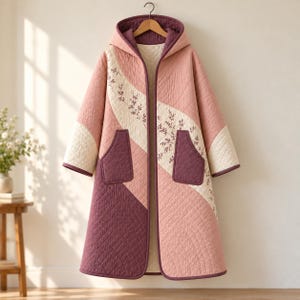 May include: A long-sleeved, hooded quilted coat featuring a color-blocked design in shades of dusty pink, cream, and deep plum. The coat includes two front patch pockets and a delicate, dark-colored botanical vine pattern printed on the cream panels.