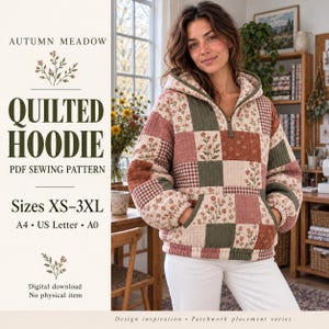 May include: A quilted hoodie PDF sewing pattern titled Autumn Meadow, featuring sizes XS-3XL for A4, US Letter, and A0 formats. The hoodie displays a patchwork design with floral and gingham patterns in shades of green, pink, and brown.