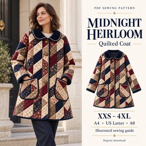 Patrón de costura en PDF para abrigo acolchado de mujer, chaqueta patchwork con bolsillos, tallas XXS–4XL, tamaño A4 Carta A0, Midnight Heirloom