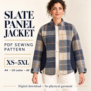 Quilted Jacket Sewing Pattern PDF, Stand Collar & Curved Panels, Relaxed Fit XS–5XL, A4 US Letter A0 | Slate Panel Jacket