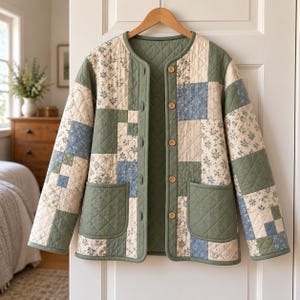 Naaipatroon voor een gewatteerde jas (PDF), damesjas met patchwork, knopen en zakken, maten XS tot 3XL, Sage Meadow digitale download