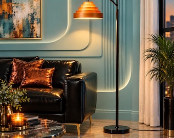 Mid Century Modern Arc Floor Lamp with Wood Shade, Tall Standing Lamp, Customizable Lampshades