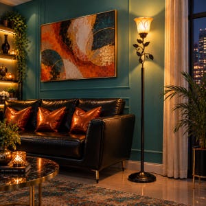 May include: A floor lamp featuring a slender dark metal pole with decorative leaf and vine accents, topped with a single tulip-shaped glass shade that emits a warm, soft glow, standing on a circular base in a room with dark walls.
