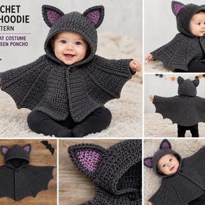 May include: A dark grey crochet bat hoodie poncho featuring a hood with pointed ears, purple inner ear detailing, and wing-shaped sleeves. The garment includes a single front button closure. Text on the image reads: CROCHET BAT HOODIE PATTERN.