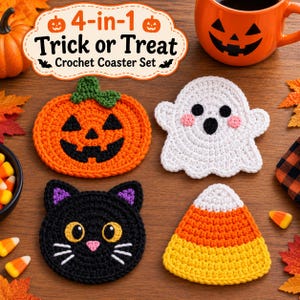 Puede incluir: Un juego de 4 posavasos de ganchillo Trick or Treat con cuatro diseños distintos: una calabaza naranja con tallo verde, un fantasma blanco con mejillas rosadas, un gato negro con orejas moradas y un caramelo triangular en blanco, naranja y amarillo.