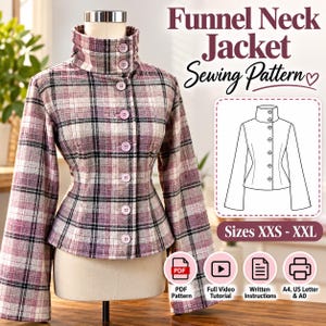 May include: A plaid funnel neck jacket in shades of pink, white, and black on a dress form. The jacket features long sleeves and a button-front closure. Text reads: Funnel Neck Jacket Sewing Pattern, Sizes XXS - XXL, PDF Pattern, Full Video Tutorial, Written Instructions, A4, US Letter & A0.