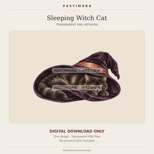 Op de afbeelding: Een digitale illustratie van een bruine cyperse kat die slaapt in een grote, puntige paarse heksenhoed met een bruine band. Het kunstwerk bevat de tekst 'PASTIMORA', 'Sleeping Witch Cat' en 'TRANSPARENT PNG ARTWORK'.