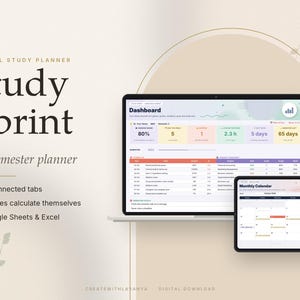 May include: A digital study planner titled Study Sprint the semester planner displayed on a laptop and tablet screen. The interface shows a dashboard with academic metrics, grade tracking, and a monthly calendar view for organization.