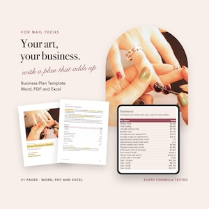 Op de afbeelding: Een businessplan-sjabloon voor nagelstylisten in Word-, PDF- en Excel-indeling. Het document bevat 21 pagina's met de tekst Your art, your business, with a plan that adds up en een samenvattingstabel met belangrijke cijfers.