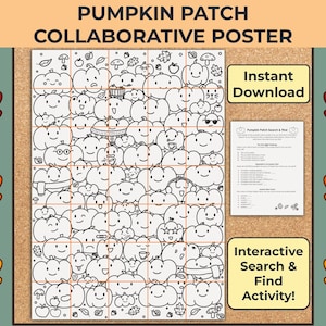 Könnte beinhalten: Ein Pumpkin Patch Gemeinschaftsposter mit einem schwarz-weißen Liniengitter aus verschiedenen Kürbissen mit unterschiedlichen Ausdrücken, begleitet von einem Such- und Find-Aktivitätsblatt mit Text, umrahmt von roten, orangen und gelben Blattsymbolen.